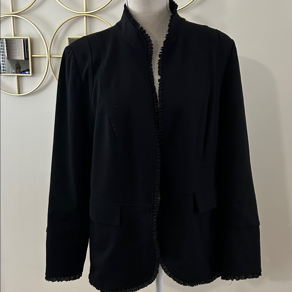 Chico's Black Ruffle-Trim rayon blend Blazer, hook front closure, lined, padded